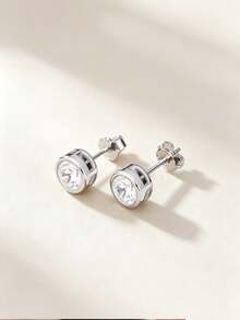 1 Pair S925 Sterling Silver Round Moissanite Stud Earrings, D Color Shiny Faux Diamond Earrings, Exquisite Jewelry For Daily Wear, Party, Wedding, Engagement, Perfect Gift For Girlfriend And Mother - Style B - Gold - View 4