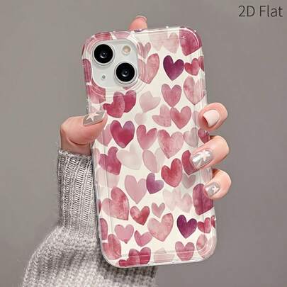 1PC Pink White Gradient Heart Print Transparent Minimalist TPU Phone Case, Compatible With Apple 17 16 15 14 13 12 11 Plus Pro Max Series, Personalized Ins Style