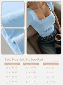 Casual Elegant Short Sleeve Square Neck Top, Suitable For Daily Wear, Commuting, Going Out, Spring/Summer - Blue - View 8