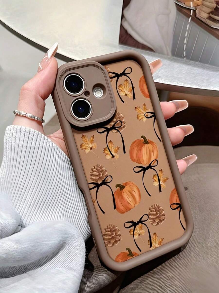 Phone Case: Fashionable Retro Autumn Pumpkin Pinecone Bow & Fallen Leaf Pattern Anti-Drop Protective Cover Compatible With IPhone 18/18Pro/18ProMax/17/17Pro/17ProMax/16/16Pro/16ProMax/15/14/13/12/11 Lens Protection, Protective Phone Case, Gift - Brown - View 1