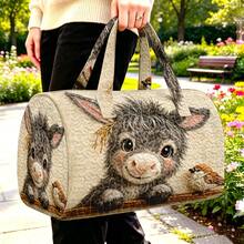 1pc Beige Quilted Cylindrical Handbag With Small Donkey Sparrow Pattern, Rural Farm Gift, Thanksgiving Rural Farm Decoration Series, Thanksgiving Gift - Multicolor - View 10