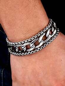 1pc Vintage Classic Hip Hop Punk Style Multi-Layer Cuban Chain Stacked Heavy Bracelet, Men's Fashion Street Rock Accessory, Perfect Birthday Holiday Gift - Silver - View 1