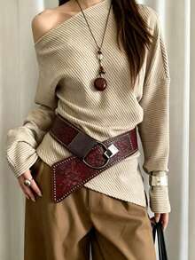 1pc Women's Rivet Elastic Waist Belt, Red Semi-Circular Single Buckle Casual Minimalist Set Decorative Leather Belt, Suitable For Daily Wear, Suitable For Summer, School, Autumn And Halloween. - Multicolor - View 4