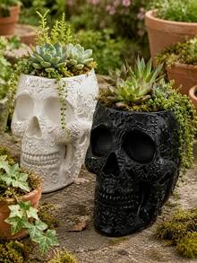 1pc Gothic Skull Planter With Embossed Floral Design, Decorative Succulent Flower Pot For Garden, Patio, Porch, Balcony & Home Decor, Halloween Decoration - A - View 7