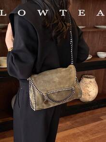 low tea 1pc Fashion Square Flap Suede Crossbody Bag Suitable For Commuting, Shopping And More - Dark Green - View 9