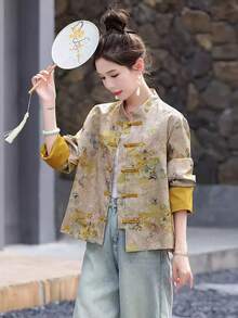 女士新款中国风花蝴蝶印花外套，立领撞色袖口，休闲外套 - 彩色 - 查看 5