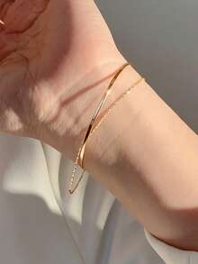 1pc Double Layer Polished Chain Bracelet, Women's Fashion Minimalist Elegant Style, Niche Design, Sophisticated Delicate Hand Accessory, Suitable For Daily Wear, Commute, Date, Party - Gold - View 6