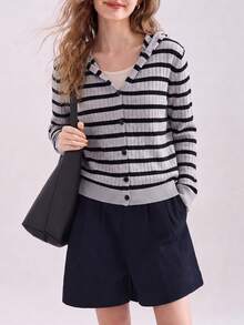 Jaket Kardigan Berkerudung Garis-Garis Klasik Wanita, Musim Gugur/Dingin - Grey - View 1