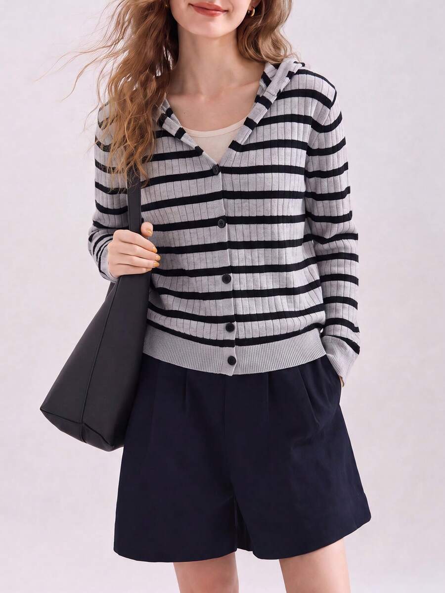 Jaket Kardigan Berkerudung Garis-Garis Klasik Wanita, Musim Gugur/Dingin - Grey - View 1