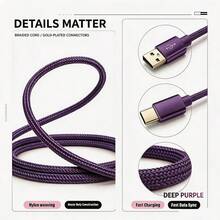 3pcs USB Type C Fast Charging Cable, 3.3ft/6.6ft/9.9ft, USB-A To USB-C Fast Charging Data Cable, Compatible With Android Phones, And Other Android Phones And Type-C Devices, Suitable For Travel/Office Desk Accessories/Car Accessories/Cruise/Indoor/Outdoor, Compatible With IPhone Charger, Purple - Purple - View 4