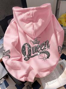 1pc Tween Girls Hooded Long Sleeve Top, Crown Queen Rhinestone Letter Print, Loose Casual Spring Autumn Daily Outing Pink Sweet Princess Style Versatile Pullover Children's Clothing - Pink - View 2