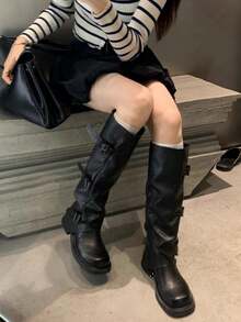 女款厚底增高街頭風靴子 2025新款秋季騎士長靴 中筒靴 棕色復古短靴 - 黑色 - 查看 6