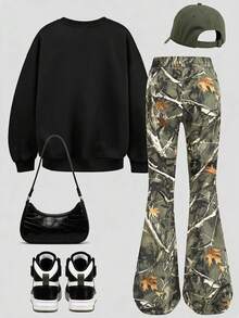 2pcs/Set Girls & Mom Matching Outfit, Same Color Vintage Car Sweatshirt And Flare Pants, Soft Fabric, Casual Street Style - Multicolor - View 2