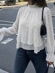 White Polka Dot Faux Collar Back Tie Bow Chiffon Blouse, Long Flared Sleeves, Pleated Layered Hem, Cropped, Summer - Black and White - View 1
