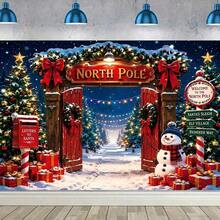 One Christmas Arctic Backdrop, Winter Wonderland Snow Scene Background, Santa Claus Village Red Gate Photography Backdrop, Christmas Decorations, Merry Christmas Party Decorations, Photo Booth Banner. - View 5