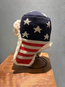 1pc Men's Thick Fleece Lined Ushanka Hat, Star-Spangled Banner Plush Earflap Hat, Suitable For Outdoor Skiing And Mountaineering - Star Letters - View 5