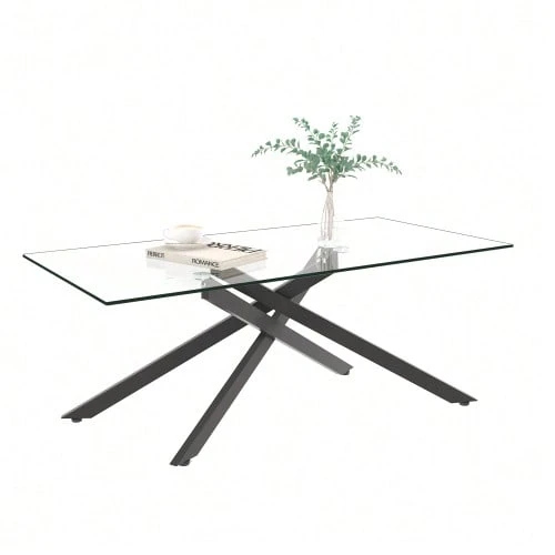 Tempered Glass Coffee Table, Rectangular Coffee Table, Black Metal Legs, Modern Living Room Table, Black-H46/L100/D60 Cm - 黑色 - 查看 1