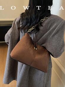 low tea 1pc Minimalist Crescent-Shaped Suede Fabric Shoulder Bag, Suitable For Commuting, Shopping And More - Coffee - View 8