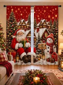 2 Peças Cortinas com Tema de Natal, Elementos Fofos de Papai Noel e Boneco de Neve, Segurando Presentes, Adequado para Decoração de Casa de Feriado de Natal, Decoração de Casa, Decoração de Atmosfera de Sala de Estar e Quarto, Decoração de Feriado de Natal 2027. Cortinas Semitransparentes com Passante para Vara. - Multicolorido A - Visão 1