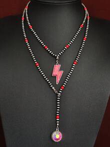 1pc Western Style Lightning Pendant Long Beaded Necklace, Vintage Y-Shaped Water Drop Colorful Rhinestone Pendant, Women's Layering Accessory, Multicolor - Necklace - View 16