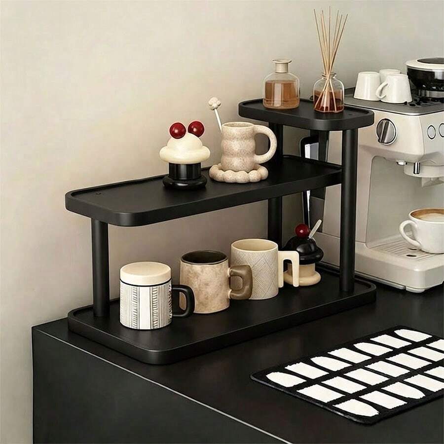 1 kệ để bàn 3 tầng màu đen bằng gỗ tự nhiên, giá đựng cốc cà phê nhiều tầng phong cách vintage, thiết kế bất đối xứng cao cấp, kệ lưu trữ cho nhà bếp/phòng tắm/phòng khách, phù hợp cho tủ sideboard, góc cà phê, cốc, tách trà, hũ gia vị, trang trí quầy cà phê - màu đen - Xem 1