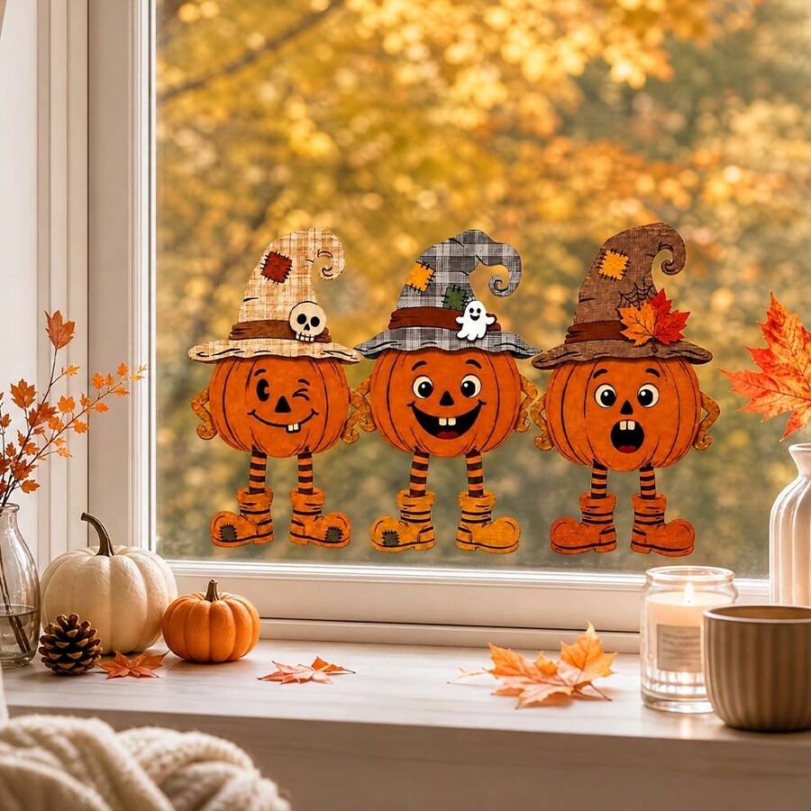 1PC 2D Funny Pumpkin Man Window Sticker, Home Window Holiday Atmosphere Decorative Decal - Multicolor - View 1