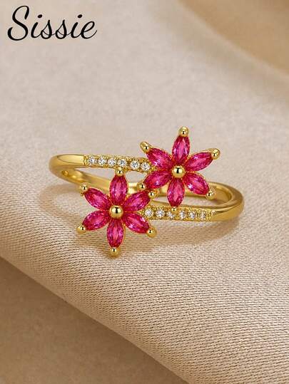 1pc Cubic Zirconia Flower Decor Ring Girl's Gold-Plated Cherry Blossom Crystal Ring For Girls Vacation Partied Dates Prom Back To School & Daily Wear