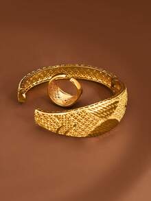 2pcs/Set Wedding Bride Fashion Handmade Carved Sequin Copper Coin Pattern Bracelet And Ring, 64mm Diameter, Openable, Suitable For Wedding Wear, Bring Wealth And Good Fortune, No Packaging - Gold - View 2