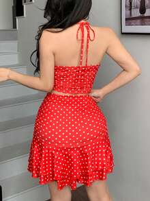 Women's Red & White Polka Dot Backless Spaghetti Strap Deep V-Neck Cutout Waist Pleated Short Top + Mini Skirt 2 Pieces Set - Red - View 2
