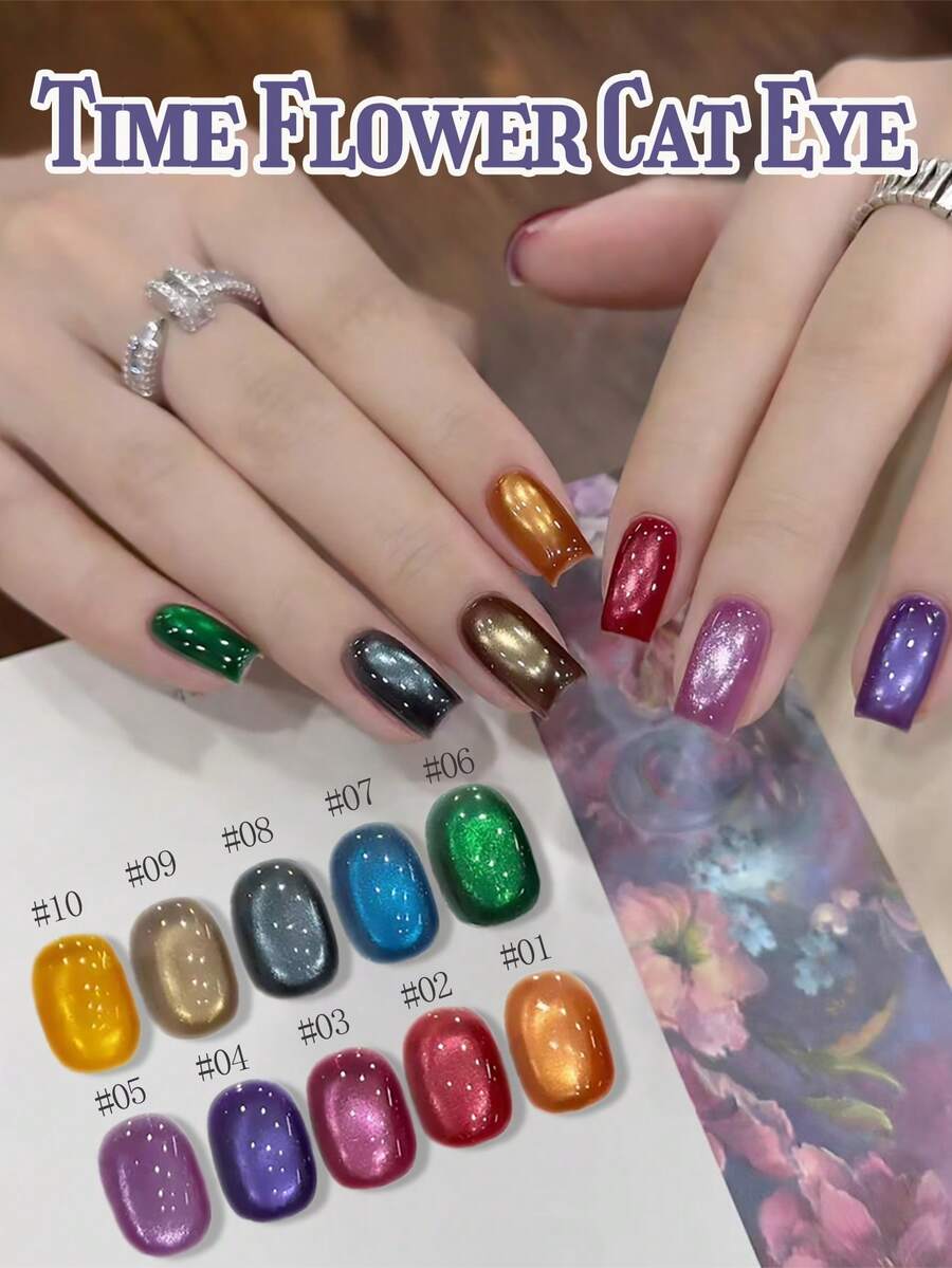 MISS SHAKA 10ml Summer Autumn Nails Halloween Nails High-Dentisy Blue Gold Red Glass Bead Cat Eye Gel Nail Polish Time Flower Sequence 10 Colours A Set Of Bright Multi-Colour Nail Polish Gel Whitening Popular Versatile Nail Salon Home DIY Nail Supplies