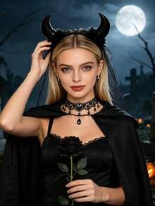 2pcs/Set Halloween Party Black Devil Horn Mesh Headband Dark Lace Veil Headband Gothic Bride Party Cosplay Costume Accessory Stage Performance Headpiece - Multicolor - View 8