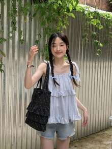 Tas Tote Polkadot, Tas Bahu Kapasitas Besar yang Lucu, Tas Wanita dengan Hiasan Ruffle, Tas Wanita dengan Tali Serut dan Pita, Tas Gaya Preppy, Cocok untuk Pekerja Kantoran dan Pelajar yang Berpergian - Hitam - View 6