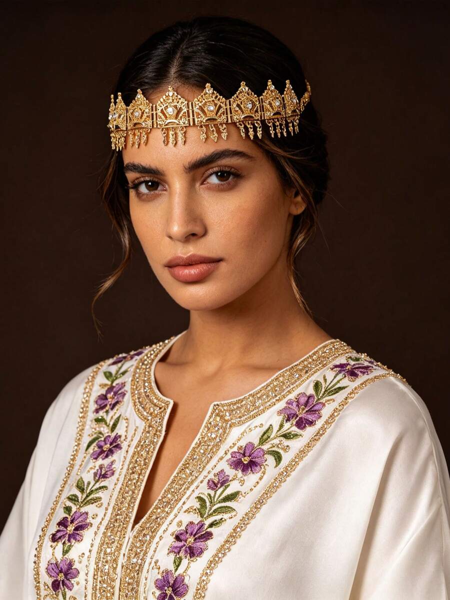 قطعة واحدة من سلسلة رأس بتصميم عملة معدنية مجوفة من الفيلجري بلون ذهبي عتيق مع شرابات، مزينة بالراينستون، إكسسوار رأس متدلي للنساء لحفلات الزفاف والولائم والحفلات - الذهبي - مشاهدة 1