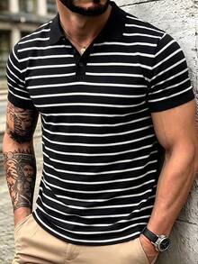 男士橫條紋短袖 Polo 衫，休閒經典版日常上衣 - 黑色 - 查看 1