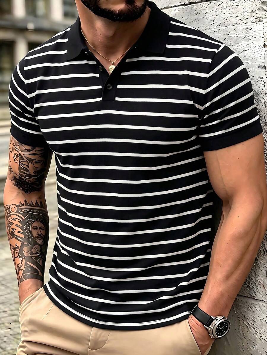 男士橫條紋短袖 Polo 衫,休閒經典版日常上衣 - 黑色 - 查看 1