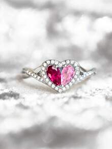 This Customized Heart-Shaped Birthstone Ring Features A Double Half-Heart Design, Symbolizing A Deep And Unbreakable Bond, Representing Your Consistent Heartbeat And Walking Together Through The Four Seasons Of Life. - Multicolor - View 9
