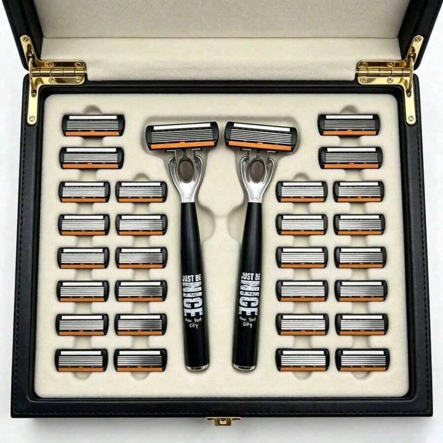 2pcs Black NICE Handle 36pcs Replacement Blades 6-Layer Manual Shaving Set | Men's Manual Shaving Set With 6-Layer Stainless Steel Blades | Reusable, Smooth & Comfortable, Clean Shave, Easy To Clean With Direct Rinsing