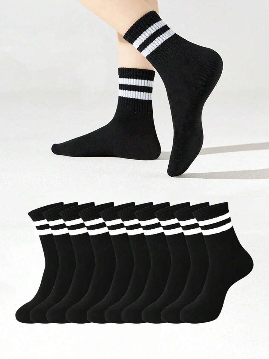Unisex Striped Black Soft Comfortable Mid-Calf Socks, Suitable For Daily, Outdoor Leisure Sports, Loafers, Sneakers, All Seasons - Black - View 1