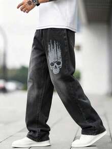 Men's Skull Digital Print Pocket Wide Leg Loose Casual Denim Jeans - Black - View 4