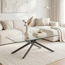 Tempered Glass Coffee Table, Rectangular Coffee Table, Black Metal Legs, Modern Living Room Table, Black-H46/L100/D60 Cm - 黑色 - 查看 2