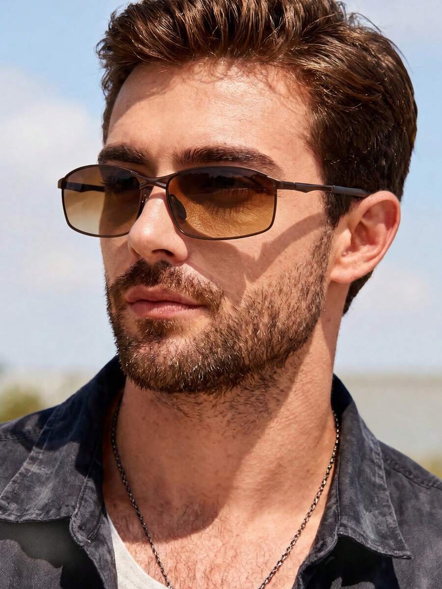 Men's Photochromic Night Vision Metal Square Frame Fashion Glasses, UV Protection, Driving, Fishing, Summer Fashion Glasses