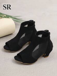1 đôi giày cao gót hở mũi lưới đen cho bé gái, bốt cao gót đa năng, sandal cao gót đi hàng ngày và dự tiệc - màu đen - Xem 6
