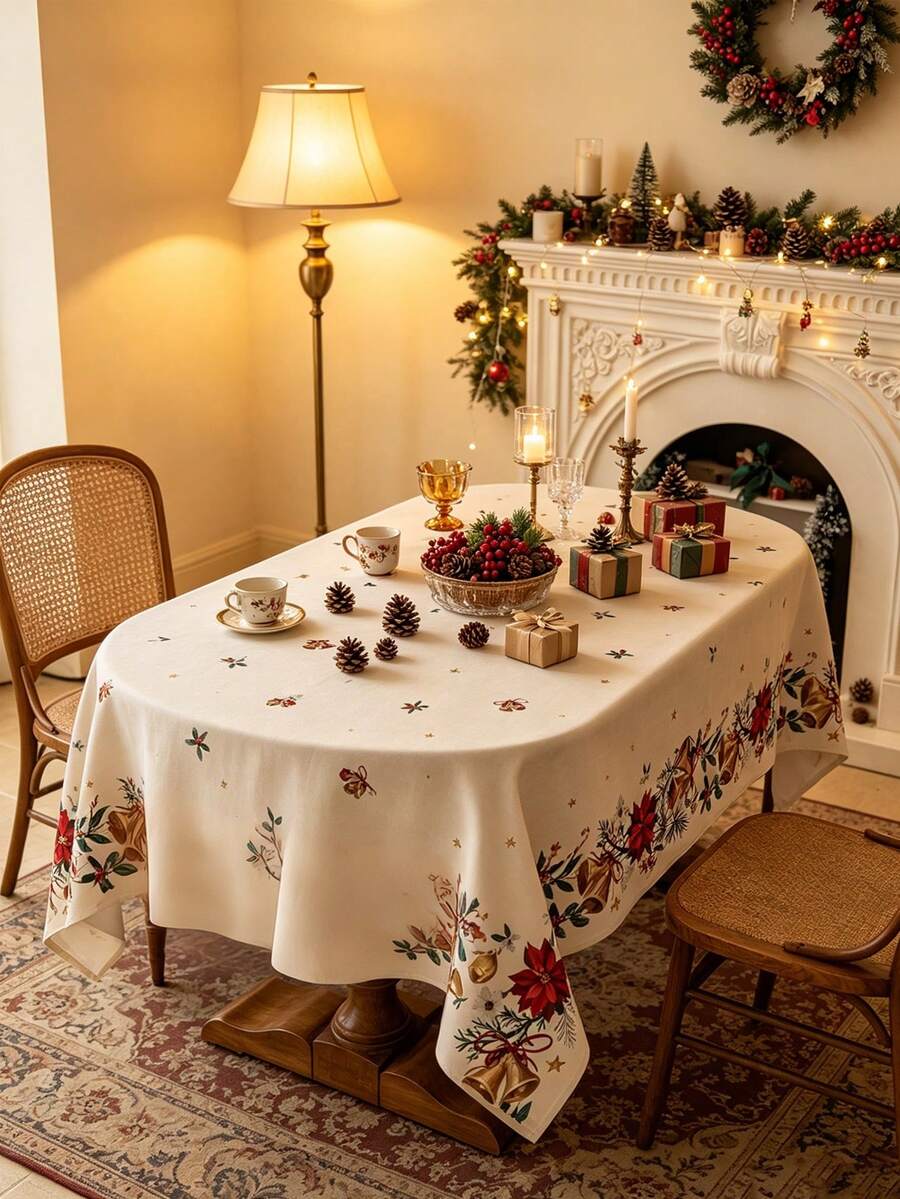 MineLain 1pc Merry Christmas Rectangular Tablecloth, Cream Color, Dining Table Cloth, Christmas Bells And Red Flowers, Poinsettia, Dining Table, Coffee Table Cloth, Home Decor, Holiday Party Tablecloth, Suitable For Home Kitchen Dining Room, Dinner, Gathering, Party, Birthday, Holiday, New Year Theme Event Decoration, Christmas Decoration, Winter Decoration - Multicolor - View 1