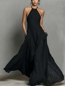 Vestido largo elegante negro de cuello halter para mujer Mokiwe, diseño versátil casual de moda para vacaciones de verano, desplazamientos y trabajo - Negro - Ver 4
