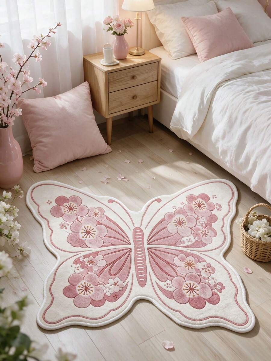 1pc Pink Butterfly Rug, Girly Carpet, Thickened Rug, Decorative Rug, Bedroom Decor, Small Rug, Home Decor, Living Room Rug, Bedroom Rug, Living Room Home Decor, Outdoor Rug - Multicolor - View 1