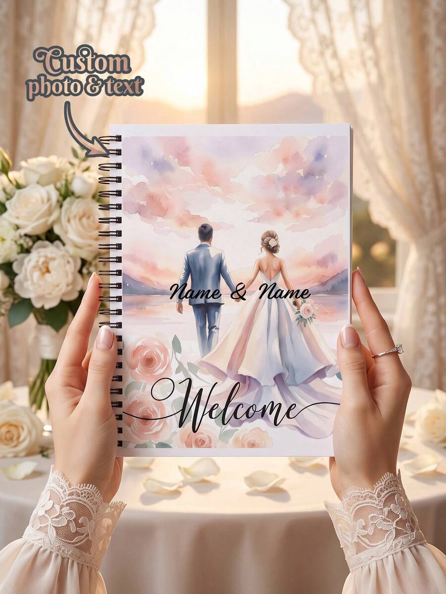 1pc Custom Photo And Text Spiral Notebook, Watercolor Bride And Groom Sunset Pattern Wedding Guest Book, Custom Couple Welcome Hardcover Journal, Romantic Keepsake Memory Book For Wedding Engagement Bridal Shower Gift - Multicolor - View 1