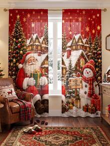 2 Peças Cortinas com Tema de Natal, Elementos Fofos de Papai Noel e Boneco de Neve, Segurando Presentes, Adequado para Decoração de Casa de Feriado de Natal, Decoração de Casa, Decoração de Atmosfera de Sala de Estar e Quarto, Decoração de Feriado de Natal 2027. Cortinas Semitransparentes com Passante para Vara. - Multicolorido A - Visão 7