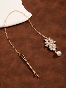 1 Peça Corrente de Cabelo de Noiva Elegante e Fashion com Pérolas, Estilo Exótico, Acessório de Vestido de Casamento, Tiara Brilhante com Strass, Pingente para Testa - Multicolorido - Visão 2