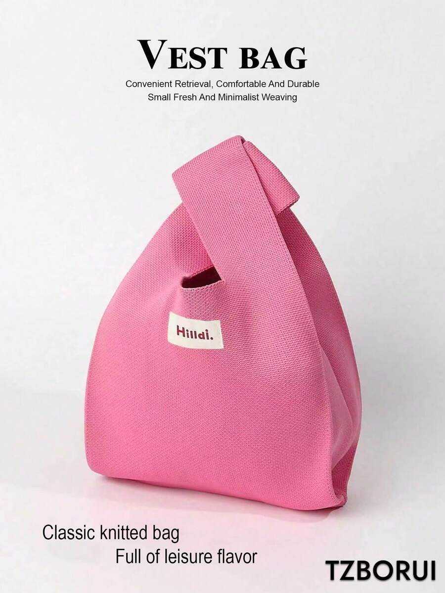 Mini Lightweight Foldable Breathable Rose Red Knitted Crochet Handbag Wrist Bag Color Block Cute College Style For Women And Female Students, Suitable For Photos, Vacation, Classes And Shopping - Hot Pink - View 1