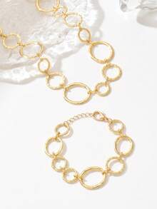 2pcs Fashion Elegant Asymmetrical Geometric Circle Necklace + Bracelet Set, Suitable For Daily Wear, Holiday Gifts, Casual Vacation - Yellow Gold - View 4